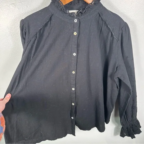 Ba&sh Black Cotton Ruffle Neckline Lady Shirt Size 6 Sophisticated Cottagecore - Picture 4 of 14